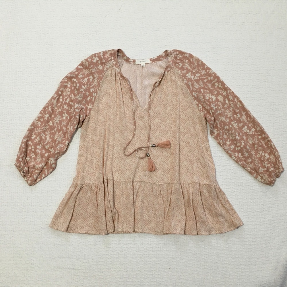 Becool Women's Size M Tunic Top Boho Floral Print Tie Neck Peasant‎ Blouse
